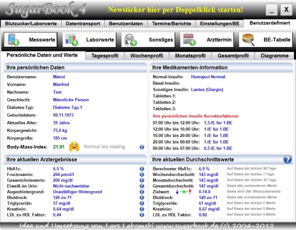 Startfenster von der Diabetes Software SugarBook